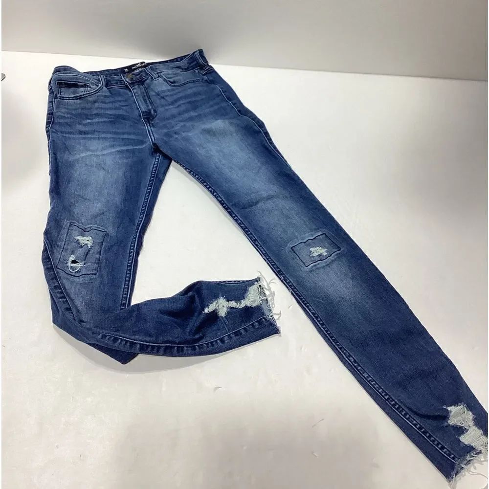 Hollister Distressed Super Skinny Raw Hem Dark Wash High Rise Classic Stretch